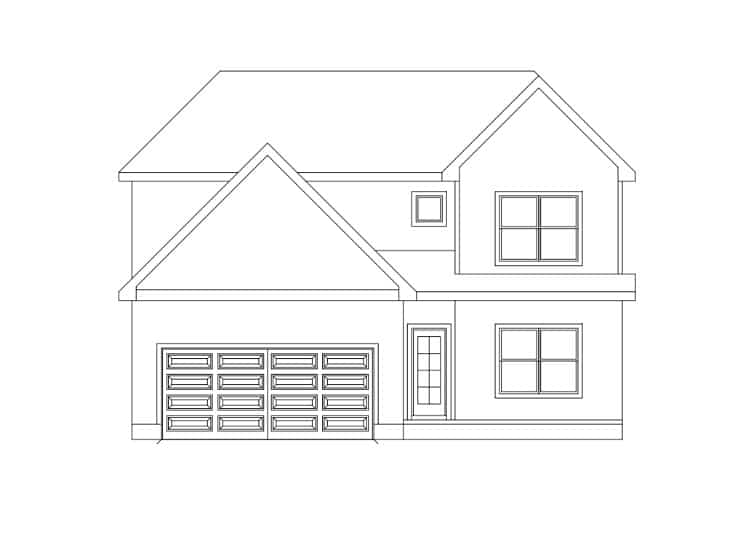 Line drawing of a two-story house with a garage and pitched roof.