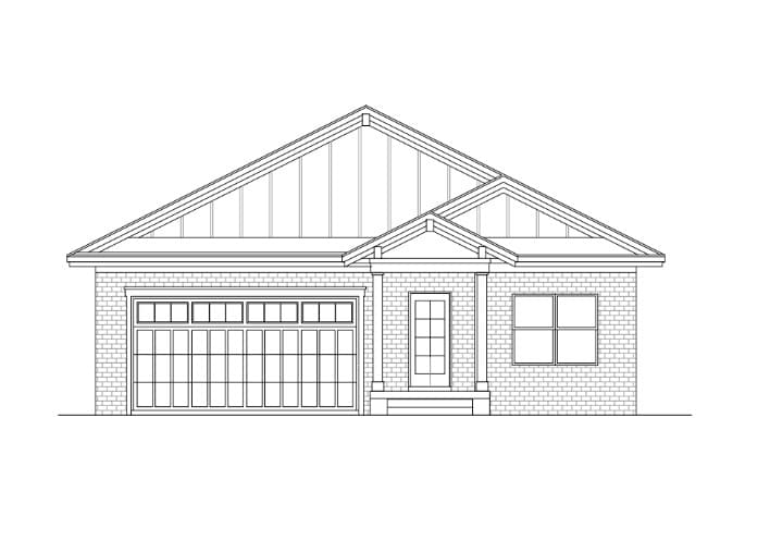 Architectural drawing of a single-story house with garage and front porch.