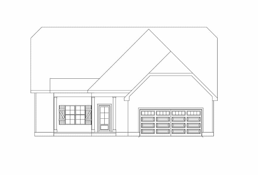 Front elevation drawing of a two-car garage home with a gabled roof.