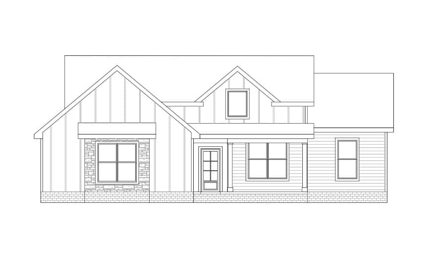 Architectural blueprint of a modern house facade with gabled roof and large windows.