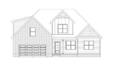 Craftsman-style house front elevation with gable roof, two-car garage, porch, and window details architectural line drawing