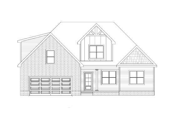 Craftsman-style house front elevation with gable roof, two-car garage, porch, and window details architectural line drawing