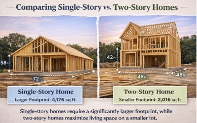 Comparison of single-story and two-story home constructions with dimensions and footprints displayed.