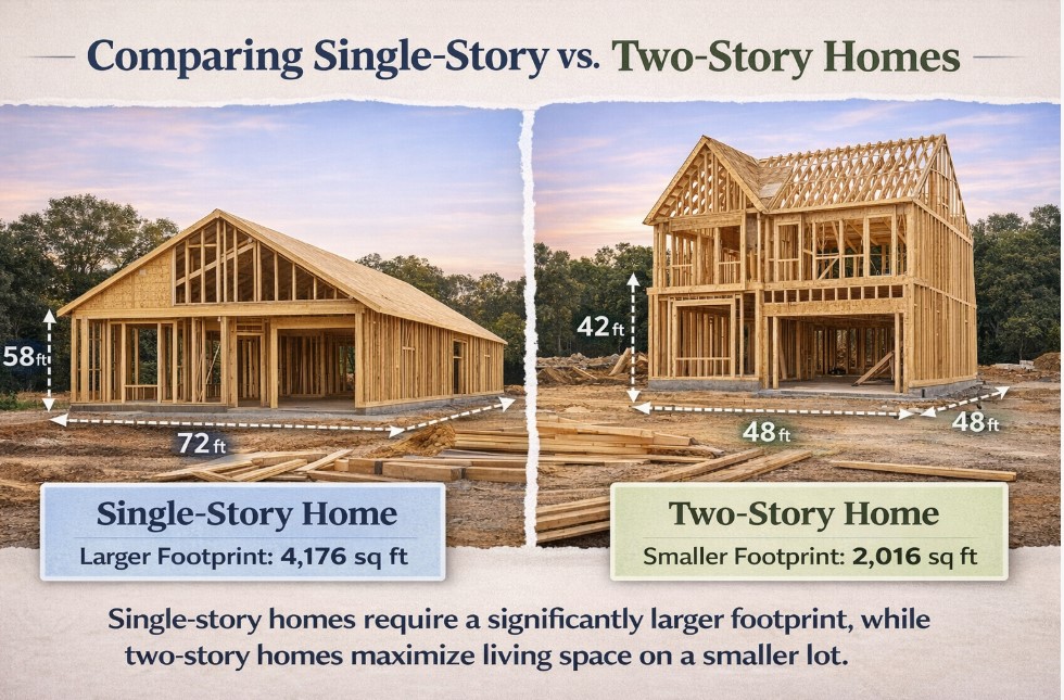 Comparison of single-story and two-story home constructions with dimensions and footprints displayed.