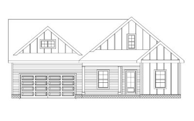 Architectural blueprint of a house exterior with garage, gable roof, and windows.