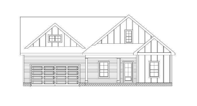 Architectural blueprint of a house exterior with garage, gable roof, and windows.