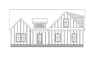 Black and white architectural drawing of a gable-fronted house design.