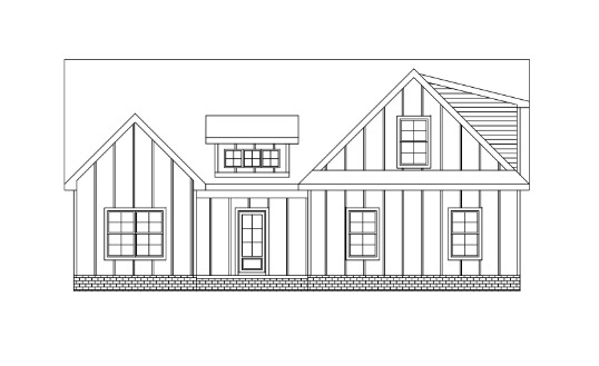 Black and white architectural drawing of a gable-fronted house design.