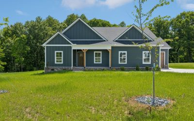 Modern single-story house with dark siding and lush green lawn in a serene wooded setting.