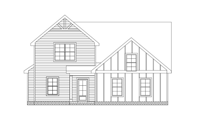 Two-story house blueprint with vertical and horizontal siding details.