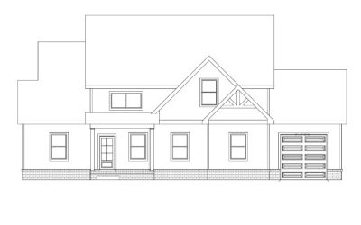 Blueprint of a two-story house design with garage and multiple windows, featuring a gabled roof.