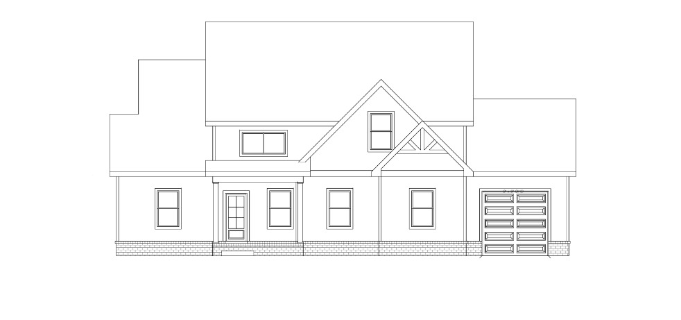 Blueprint of a two-story house design with garage and multiple windows, featuring a gabled roof.