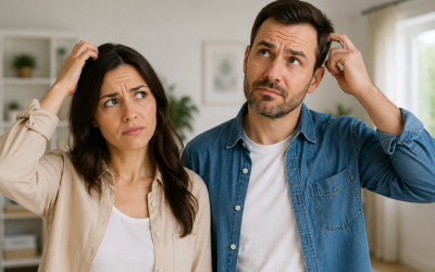 A couple scratching their heads, looking puzzled in a home setting.