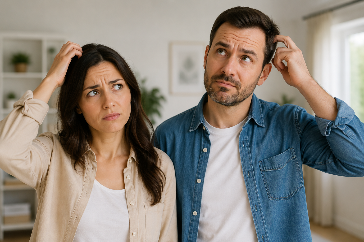 A couple scratching their heads, looking puzzled in a home setting.