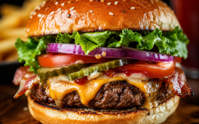Juicy cheeseburger with lettuce, tomato, pickles, and onions, served with crispy fries in the background.
