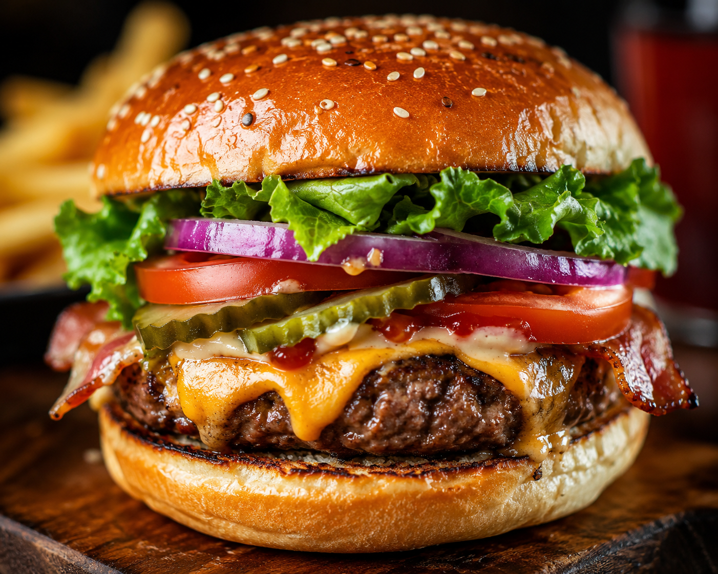 Juicy cheeseburger with lettuce, tomato, pickles, and onions, served with crispy fries in the background.