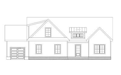 Front elevation architectural drawing of a house with garage and gable roof.