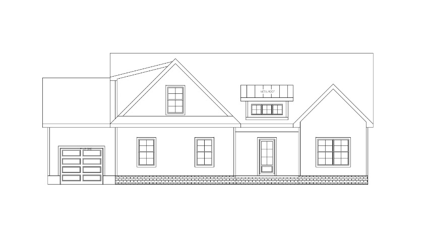 Front elevation architectural drawing of a house with garage and gable roof.