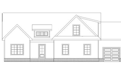 Architectural drawing of a single-story house with gable roof and garage.