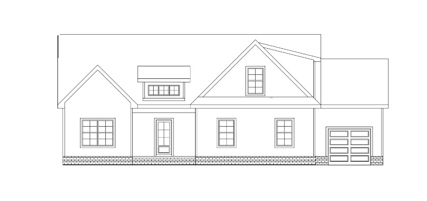 Architectural drawing of a single-story house with gable roof and garage.