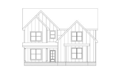 Black and white architectural drawing of a two-story house with gabled roof.