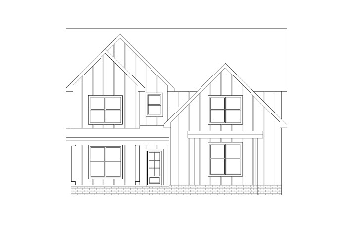 Black and white architectural drawing of a two-story house with gabled roof.