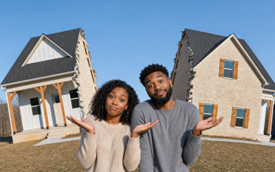 Couple shrugs in front of cracked houses against a bright blue sky.