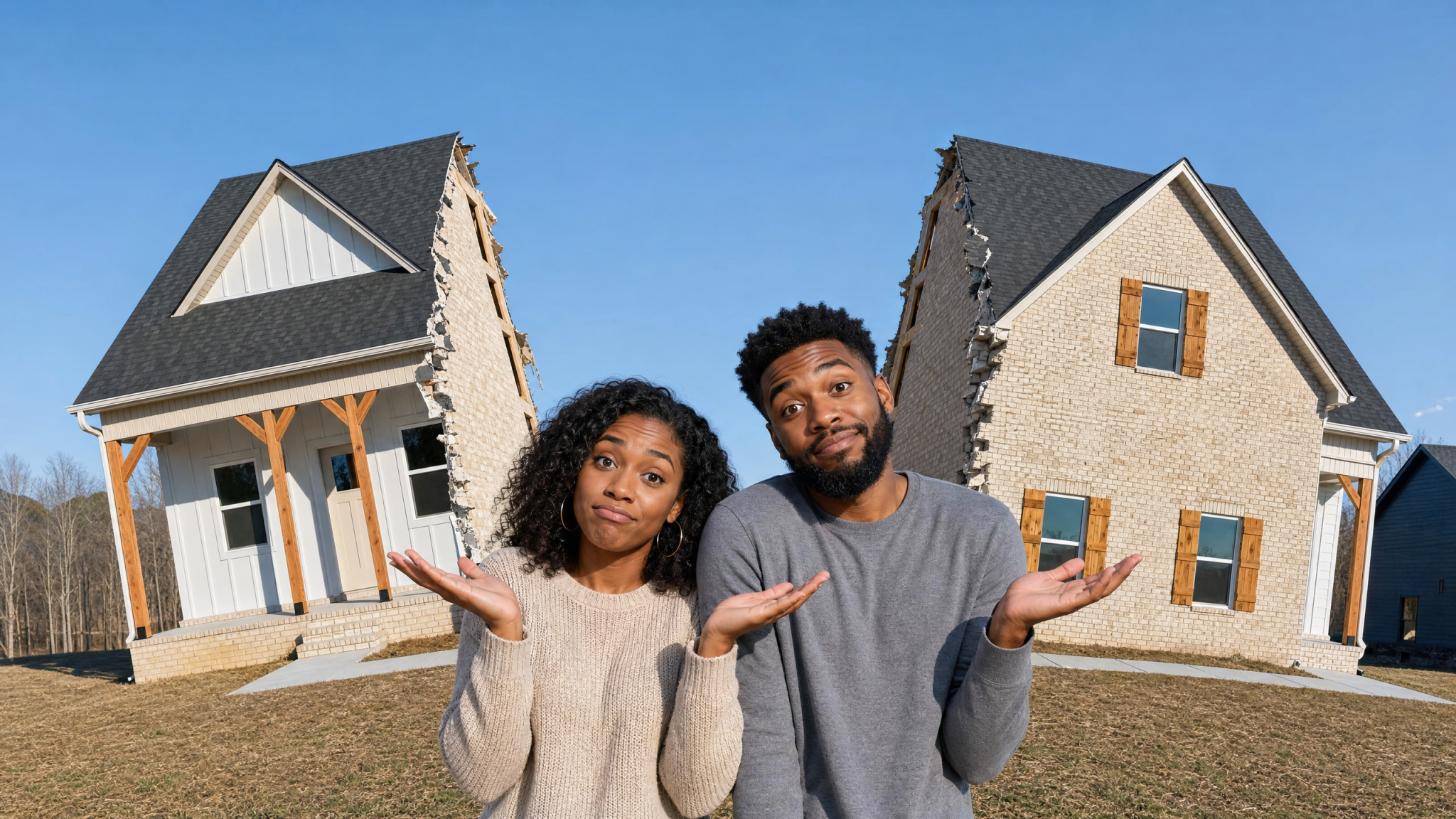 Couple shrugs in front of cracked houses against a bright blue sky.