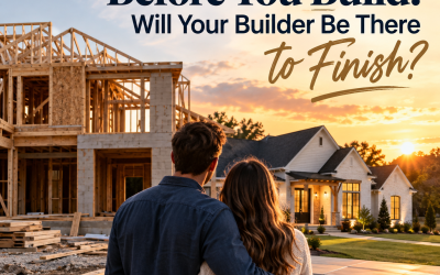 Couple embraces while looking at a new construction home at sunset, with text questioning builder reliability.