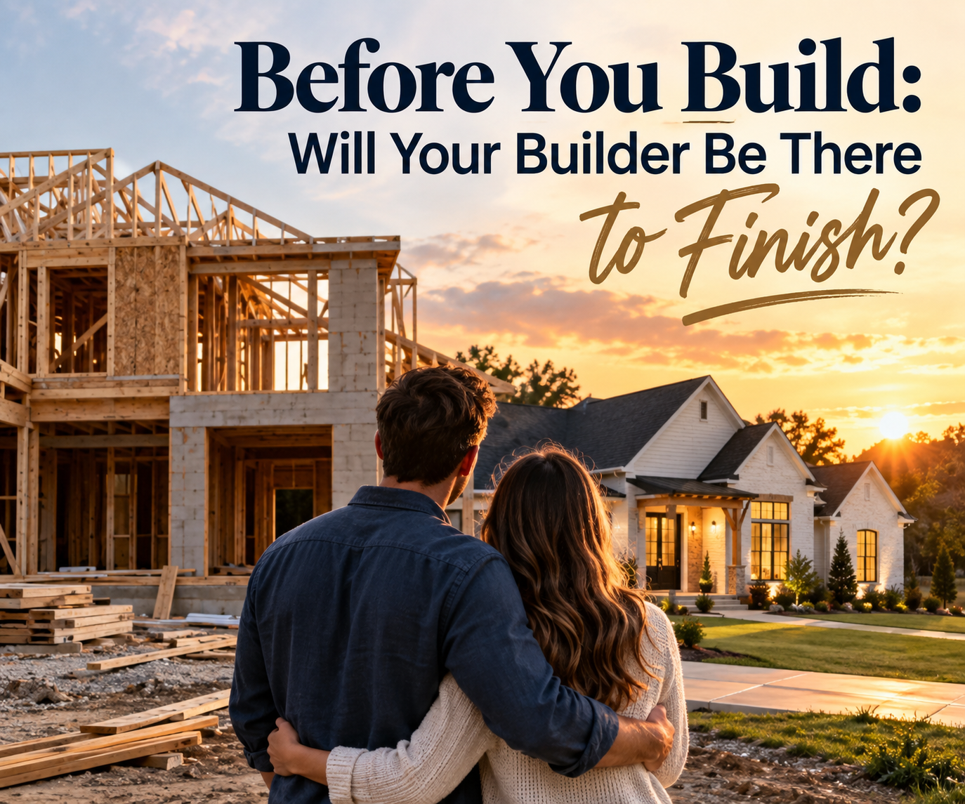 Couple embraces while looking at a new construction home at sunset, with text questioning builder reliability.