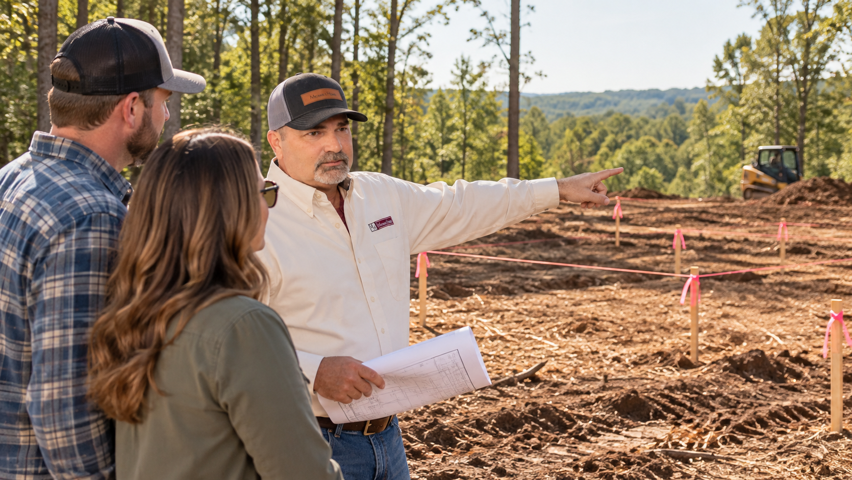 Construction professional discussing plans on a forested site with clients, pointing towards machinery.