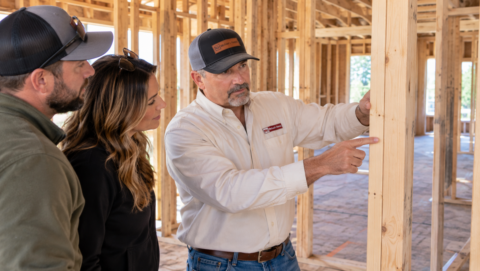 Man explaining construction details to a couple at a home building site.