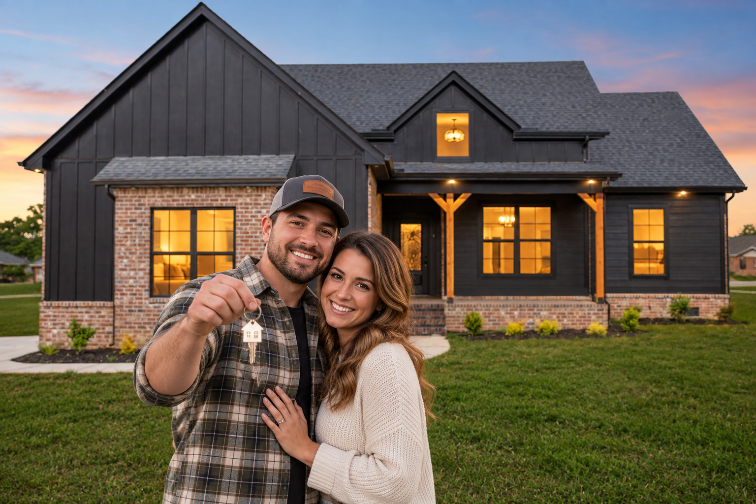 Couple celebrates new home purchase at sunset with keys in hand.