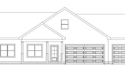 Front elevation blueprint of a single-story house with garage.