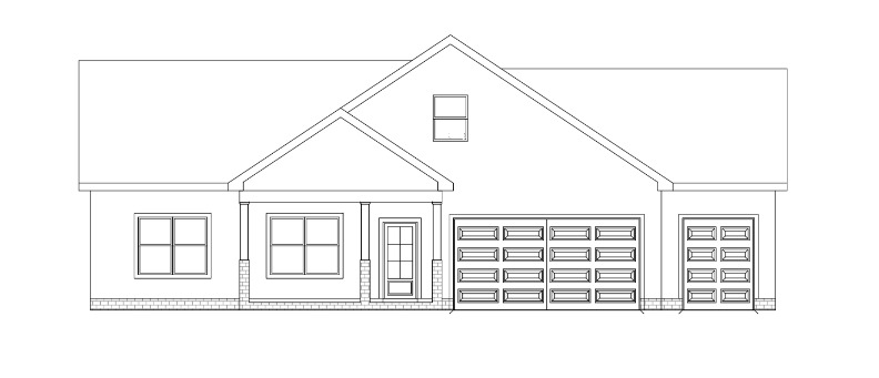 Front elevation blueprint of a single-story house with garage.