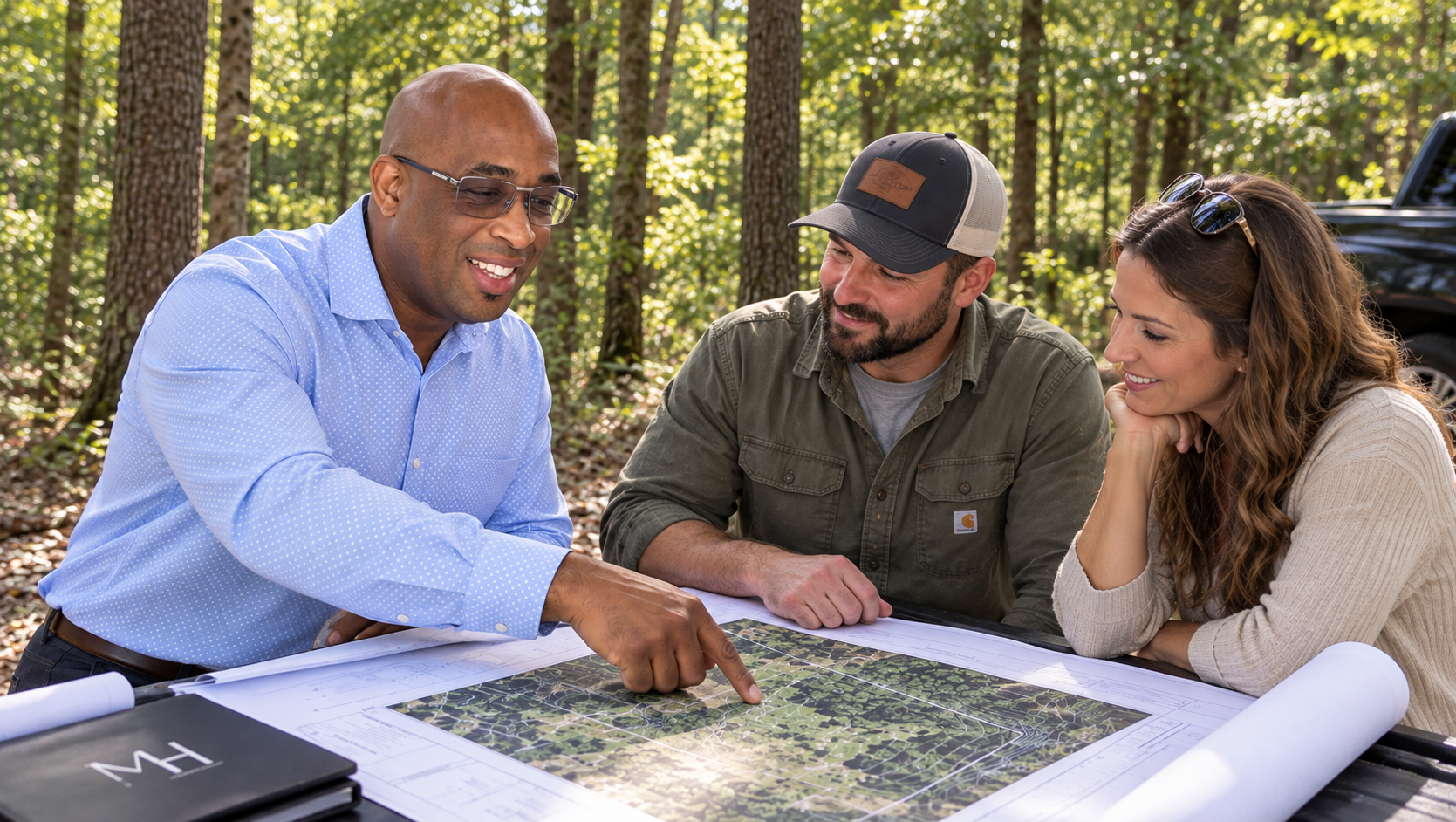 Three people discussing a site map in a forest setting.