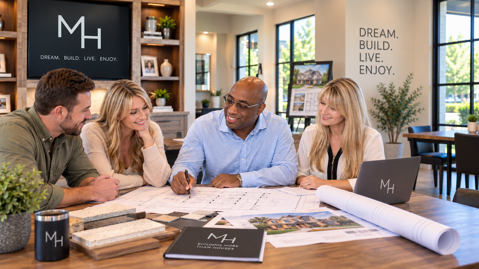 Team collaborating on architectural plans in modern office with Dream. Build. Live. Enjoy. slogan on the wall.