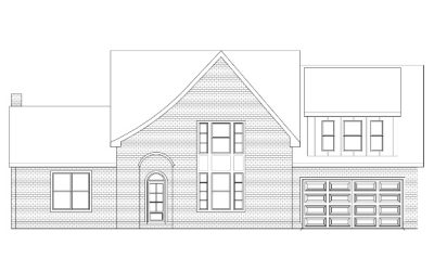 Architectural drawing of a two-story brick house with garage and chimney.