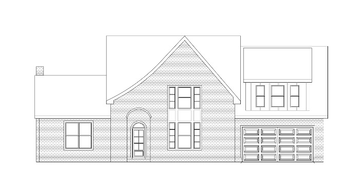Architectural drawing of a two-story brick house with garage and chimney.