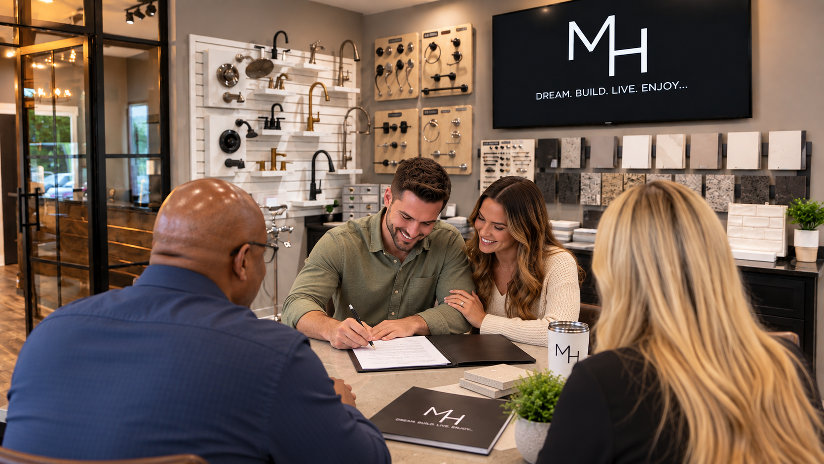 Couple signing paperwork in a design showroom with decoration samples on wall.