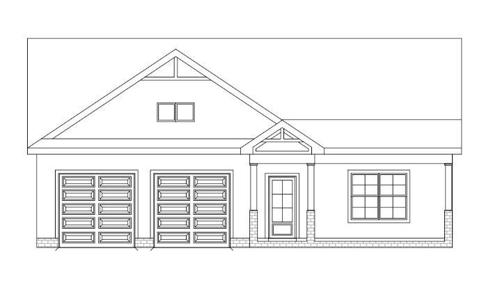 Blueprint design of a modern single-story house with garage and front door detail.