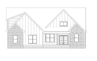Architectural drawing of a modern house with gabled roof and brick exterior.