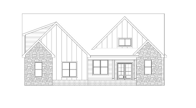 Architectural drawing of a modern house with gabled roof and brick exterior.