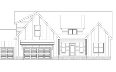 Architectural blueprint of a modern farmhouse with garage and multiple gables.
